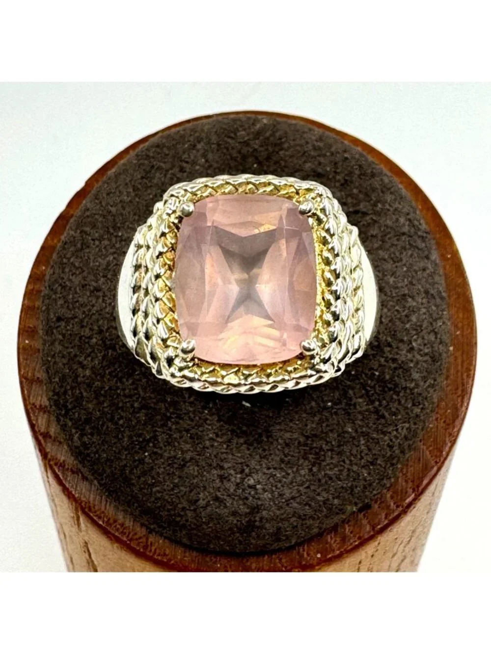 Rose Quartz Prong Set Ring Two Tone 925 Sterling Silver Size 8